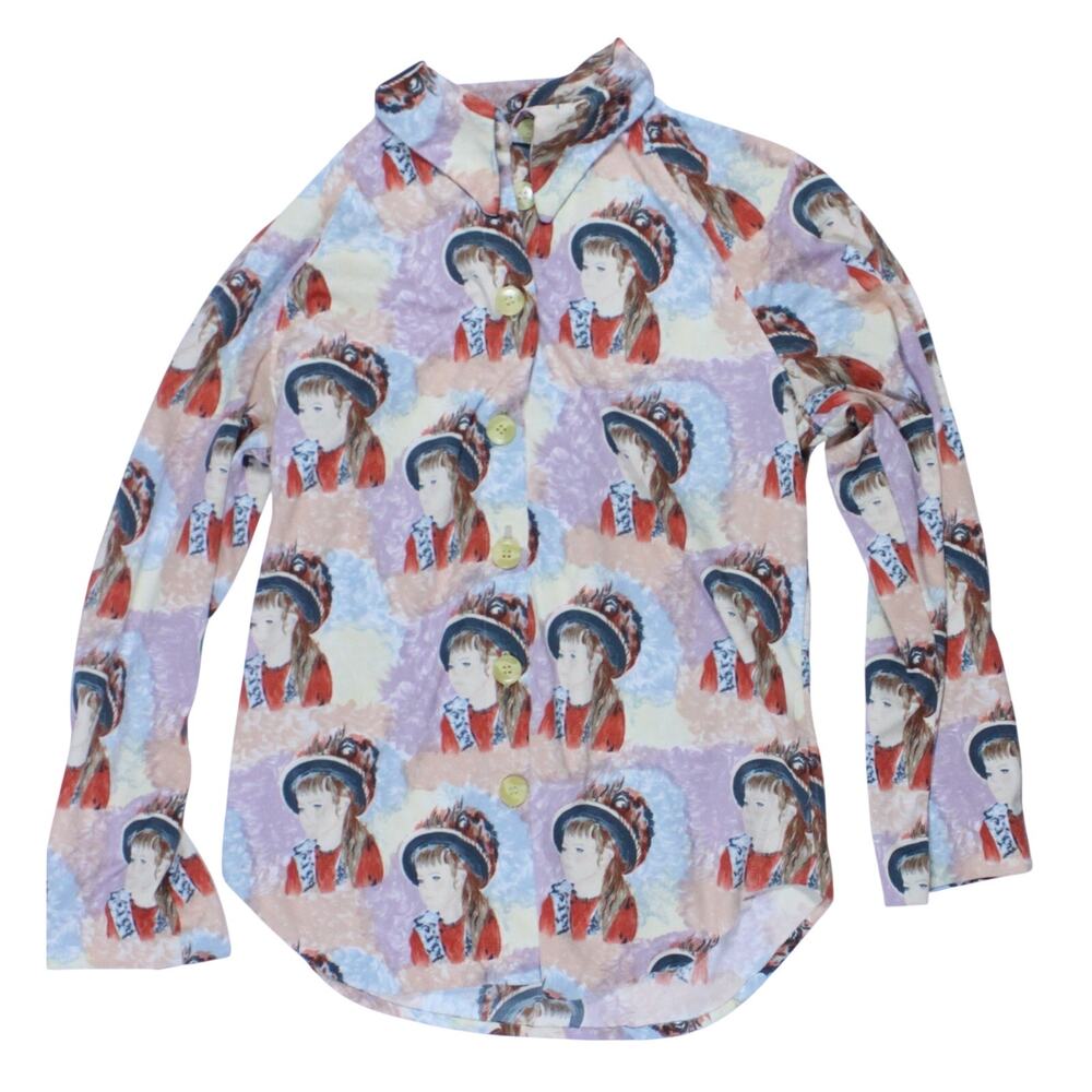 Vintage women's button up disco shirt girl hat print 60s 70s hippie handmade M